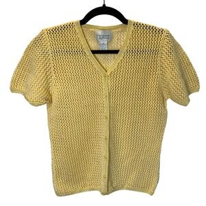 Christopher & Banks Short Sleeve Cardigan Med Open Knit Crochet Cottage Grandma